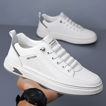 Adidași albi din PU pentru bărbați, confortabili, casual, talpă de cauciuc antiderapant