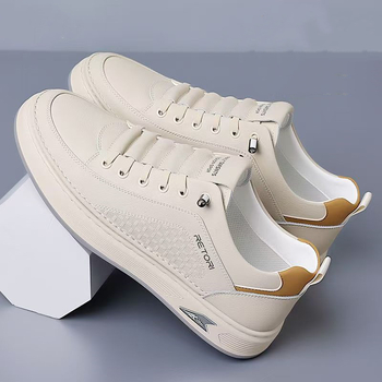Adidași albi din PU pentru bărbați, confortabili, casual, talpă de cauciuc antiderapant