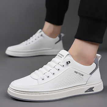 Adidași albi din PU pentru bărbați, confortabili, casual, talpă de cauciuc antiderapant