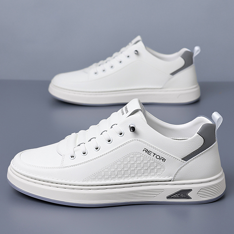 Adidași albi din PU pentru bărbați, confortabili, casual, talpă de cauciuc antiderapant