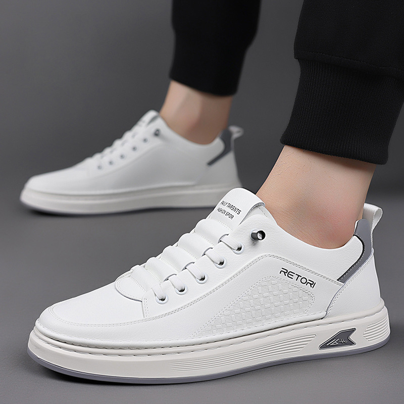 Adidași albi din PU pentru bărbați, confortabili, casual, talpă de cauciuc antiderapant