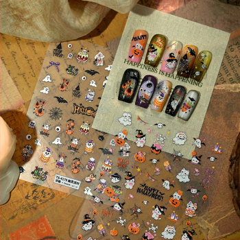 Reliéfne nálepky na nechty Moli Halloween s papierovou textúrou – tekvica, pavučina a lebka, TS-4179 Ghost Party
