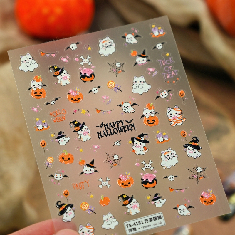 Reliéfne nálepky na nechty Moli Halloween s papierovou textúrou – tekvica, pavučina a lebka, TS-4179 Ghost Party