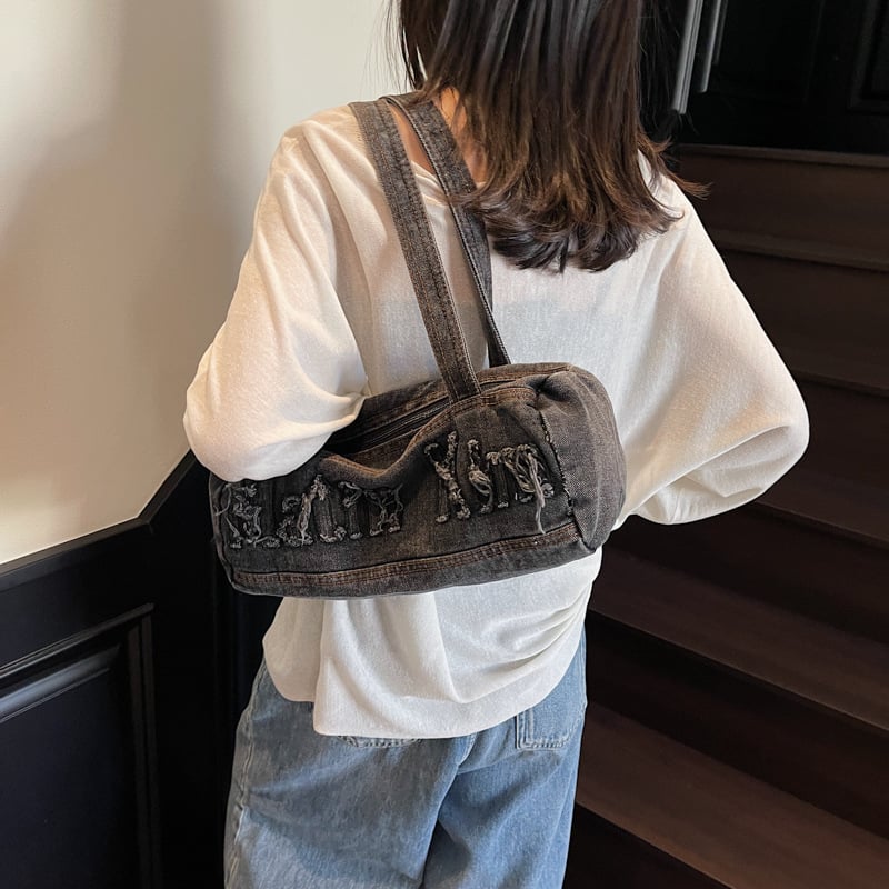 Stil coreean, denim spălat, geantă casual pentru femei, colecția Toamnă-Iarnă 2025, geantă de mână cu litere și geantă retro pentru umăr