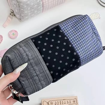 Geantă de papetărie din material textil, imprimeu albastru deschis cu buline și carouri, capacitate mare, penar