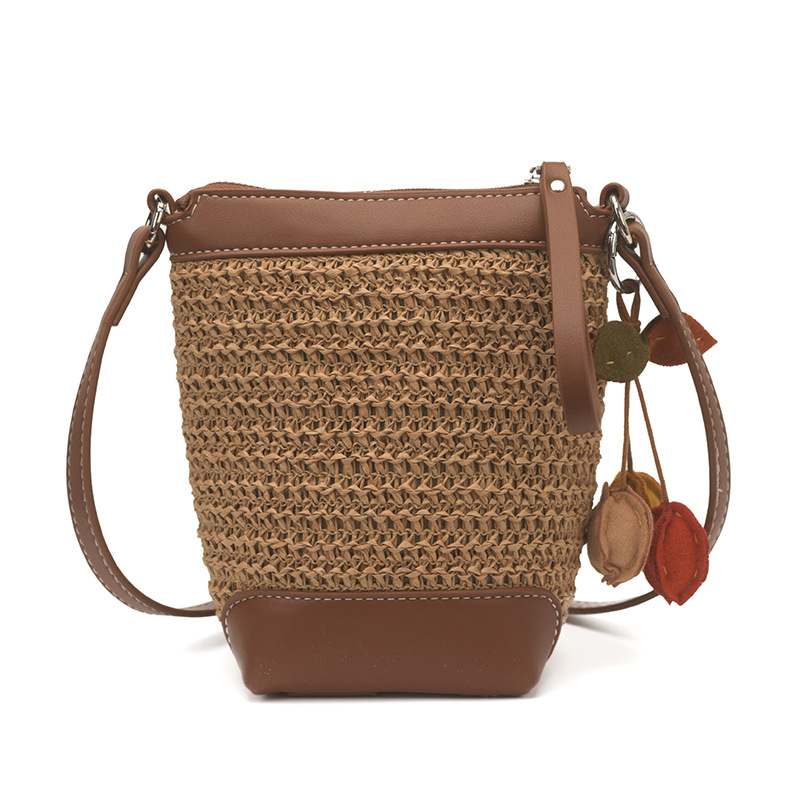Geantă mică pătrată de vară pentru femei, din paie și piele, crossbody bucket cu buzunar pentru telefon