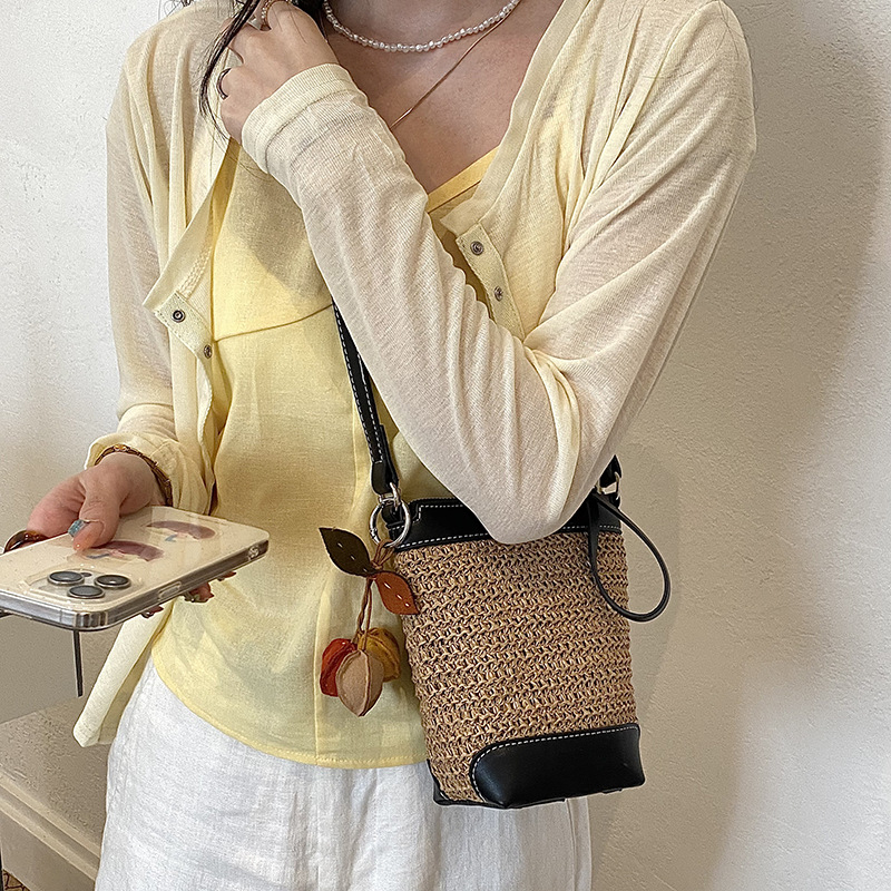 Geantă mică pătrată de vară pentru femei, din paie și piele, crossbody bucket cu buzunar pentru telefon