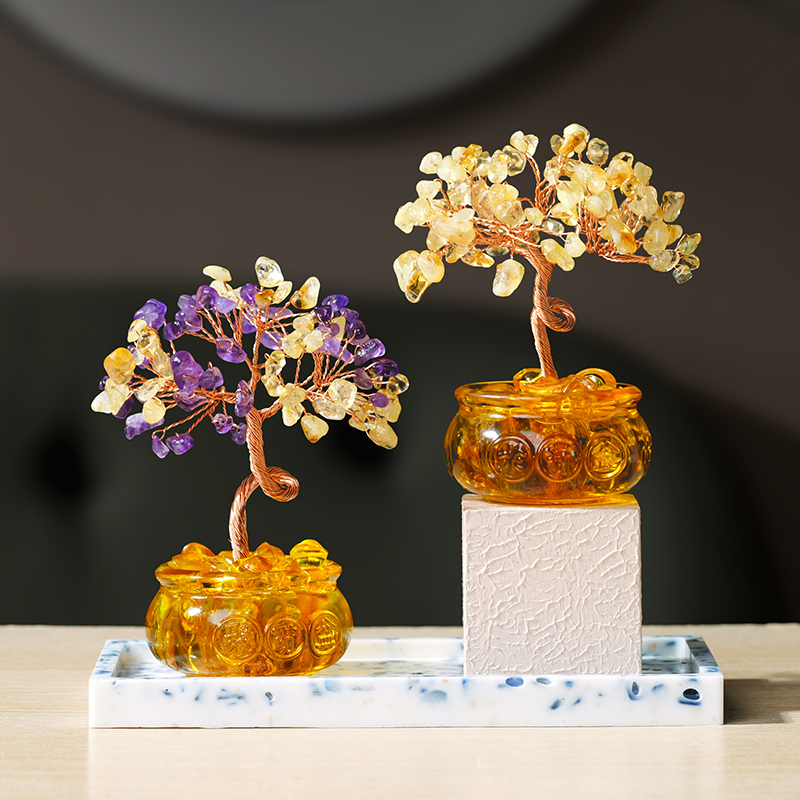 Arbore de noroc din cristal Citrin, cu bol pentru comoară, decor pentru casă și birou