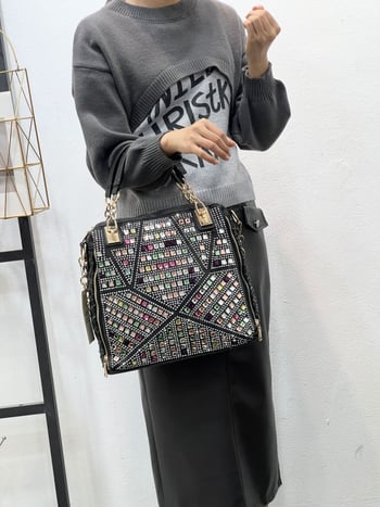 Geantă de damă din denim cu strasuri, ornamente diamantate, țesută, capacitate mare, pentru umăr și crossbody