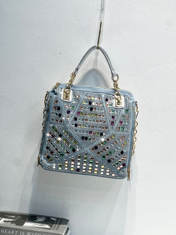 Geantă de damă din denim cu strasuri, ornamente diamantate, țesută, capacitate mare, pentru umăr și crossbody