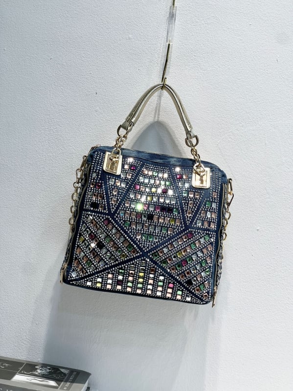 Geantă de damă din denim cu strasuri, ornamente diamantate, țesută, capacitate mare, pentru umăr și crossbody