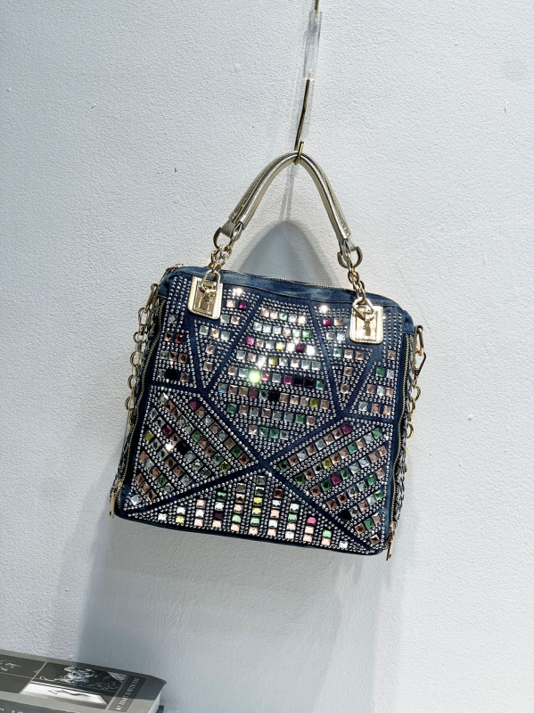 Geantă de damă din denim cu strasuri, ornamente diamantate, țesută, capacitate mare, pentru umăr și crossbody