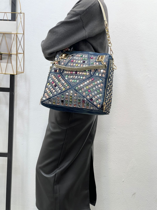 Geantă de damă din denim cu strasuri, ornamente diamantate, țesută, capacitate mare, pentru umăr și crossbody