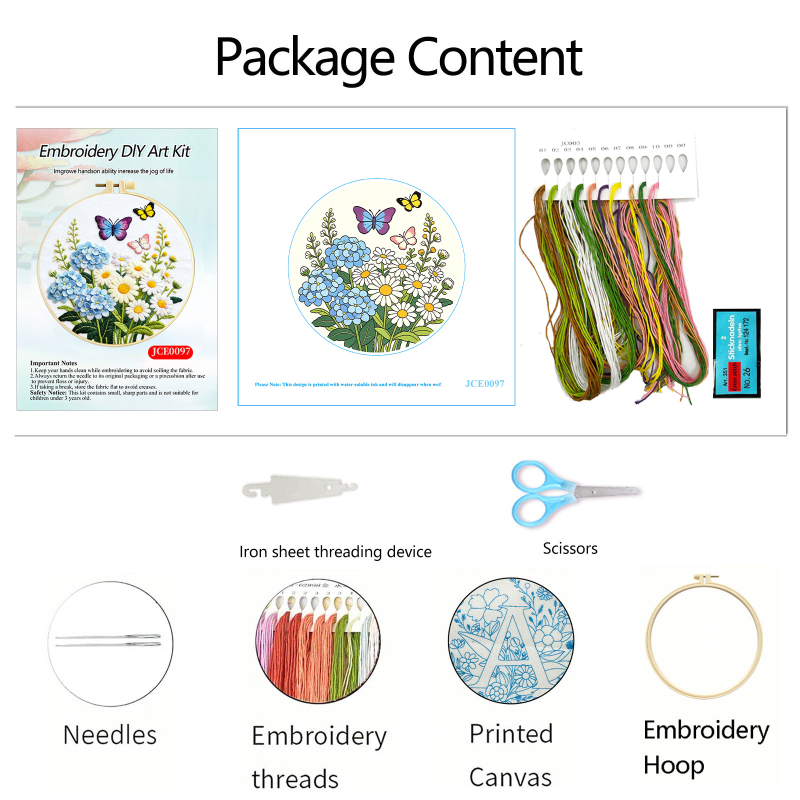 Kit DIY de broderie florală: margarete, hortensii și fluturi, fire de bumbac, piese semi-finite