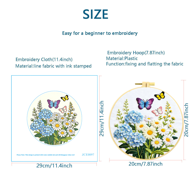 Kit DIY de broderie florală: margarete, hortensii și fluturi, fire de bumbac, piese semi-finite