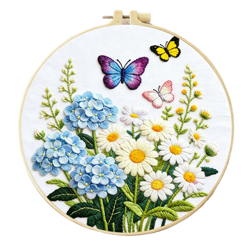 Kit DIY de broderie florală: margarete, hortensii și fluturi, fire de bumbac, piese semi-finite