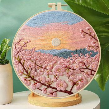 Kit de broderie cu floare de cireș și apus de soare, peisaj de primăvară liniștitor, broderie decorativă pentru perete