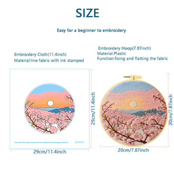 Kit de broderie cu floare de cireș și apus de soare, peisaj de primăvară liniștitor, broderie decorativă pentru perete