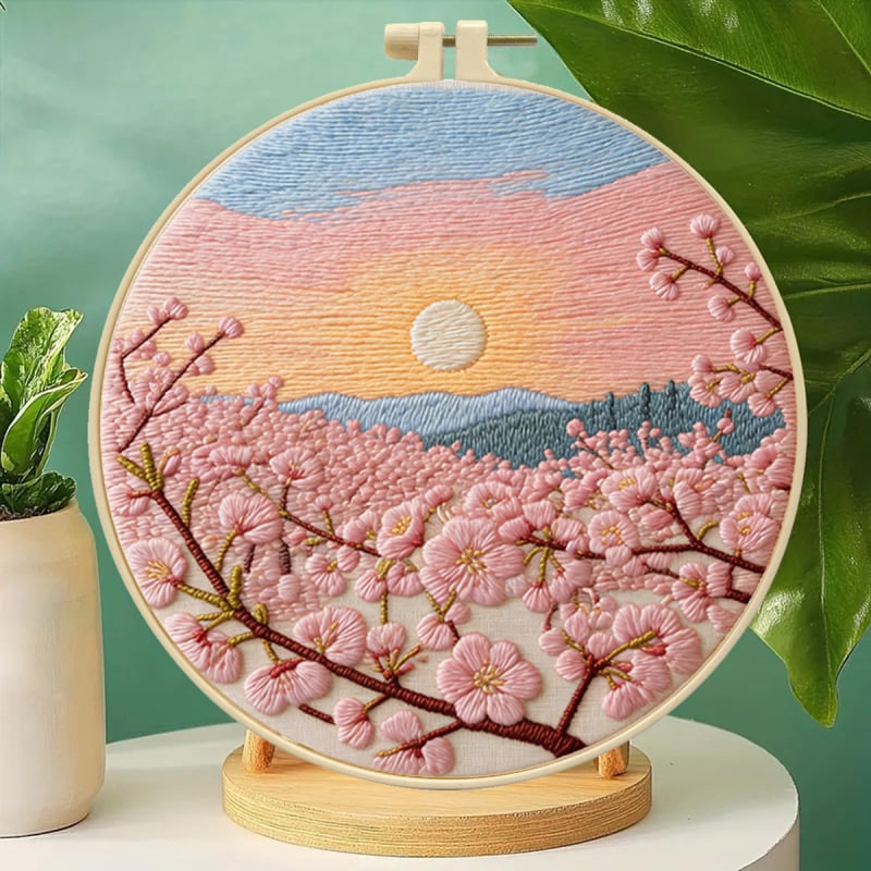 Kit de broderie cu floare de cireș și apus de soare, peisaj de primăvară liniștitor, broderie decorativă pentru perete