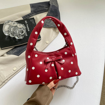 2026 Geantă în stil franțuzesc cu imprimeu polka dot și design în formă de nor, plisată, geantă de umăr/crossbody cu lanț, PU, mărime medie, închidere cu fermoar