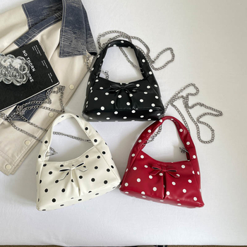 2026 Geantă în stil franțuzesc cu imprimeu polka dot și design în formă de nor, plisată, geantă de umăr/crossbody cu lanț, PU, mărime medie, închidere cu fermoar
