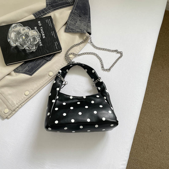2026 Geantă în stil franțuzesc cu imprimeu polka dot și design în formă de nor, plisată, geantă de umăr/crossbody cu lanț, PU, mărime medie, închidere cu fermoar