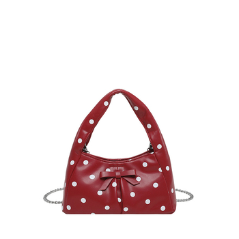 2026 Geantă în stil franțuzesc cu imprimeu polka dot și design în formă de nor, plisată, geantă de umăr/crossbody cu lanț, PU, mărime medie, închidere cu fermoar
