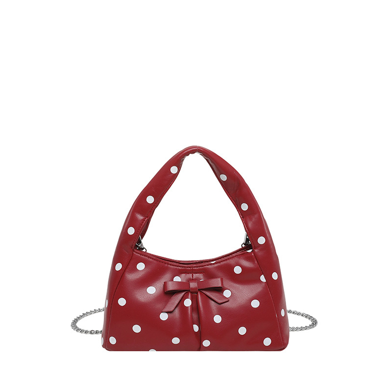 2026 Geantă în stil franțuzesc cu imprimeu polka dot și design în formă de nor, plisată, geantă de umăr/crossbody cu lanț, PU, mărime medie, închidere cu fermoar