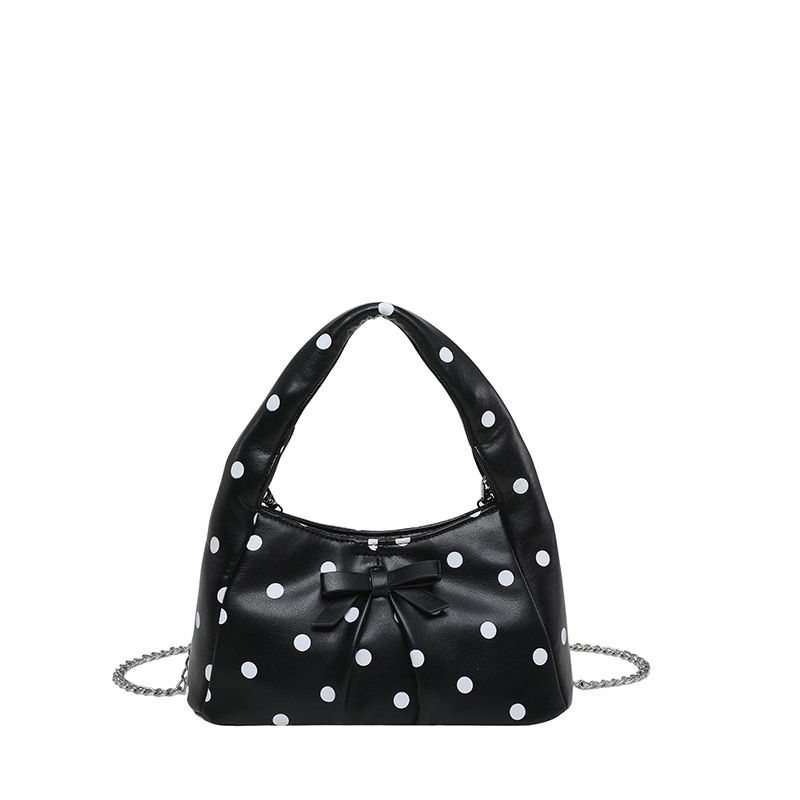2026 Geantă în stil franțuzesc cu imprimeu polka dot și design în formă de nor, plisată, geantă de umăr/crossbody cu lanț, PU, mărime medie, închidere cu fermoar