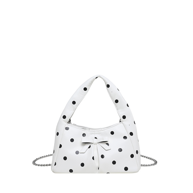 2026 Geantă în stil franțuzesc cu imprimeu polka dot și design în formă de nor, plisată, geantă de umăr/crossbody cu lanț, PU, mărime medie, închidere cu fermoar