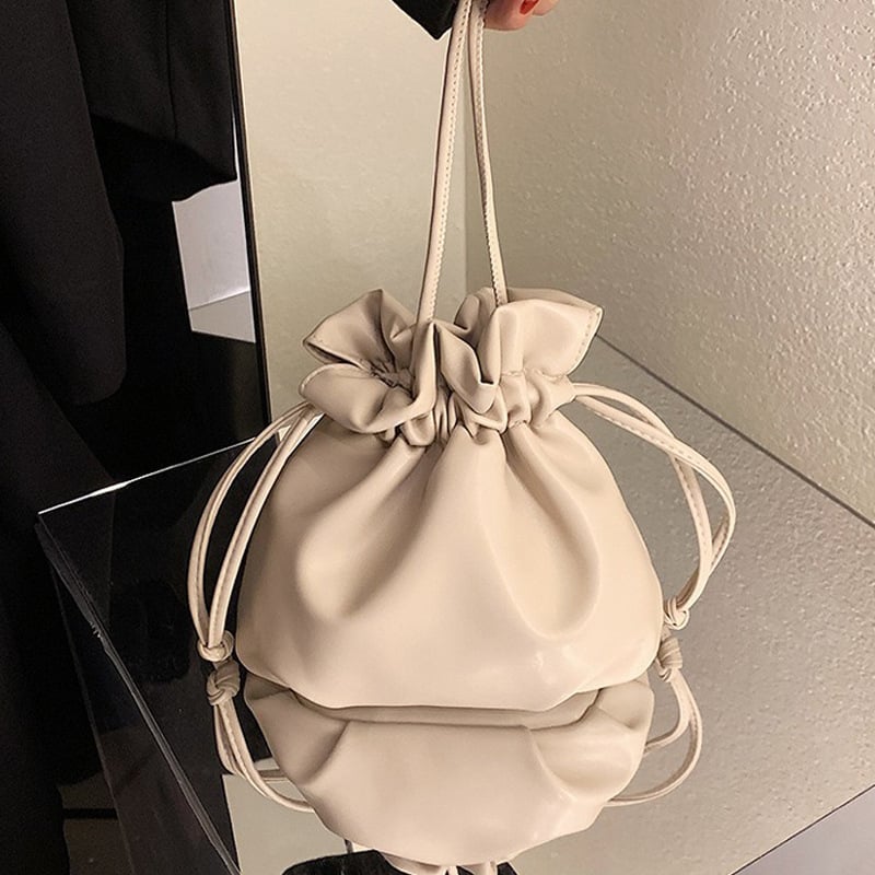 Poșetă cosmetică texturată cu șnur, în formă de nor, stil bucket bag; model nou pentru naveta zilnică, portabil, geantă de umăr elegantă pentru femei.