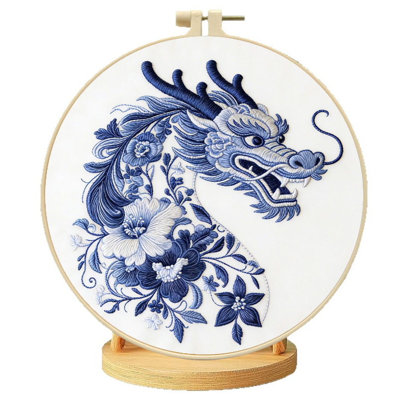 Tablou brodat cu dragon bleu‑alb, în stil nou chinezesc, pentru decorul biroului și antreului, piesă decorativă lucrată manual