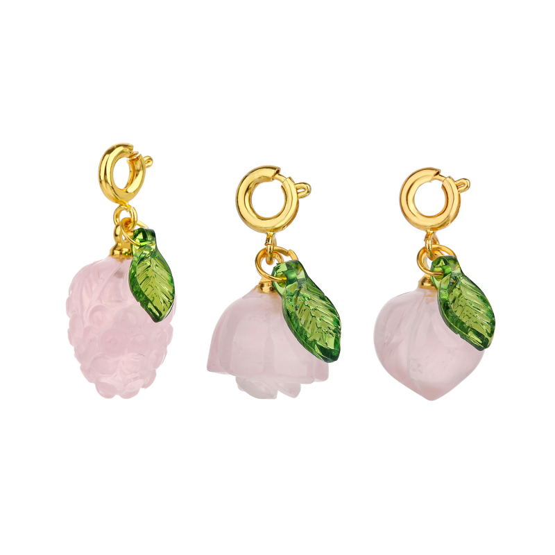 Cristal roz natural, pandantiv sculptat manual cu motive de piersică, roză și strugure, accesorii DIY cu mărgele