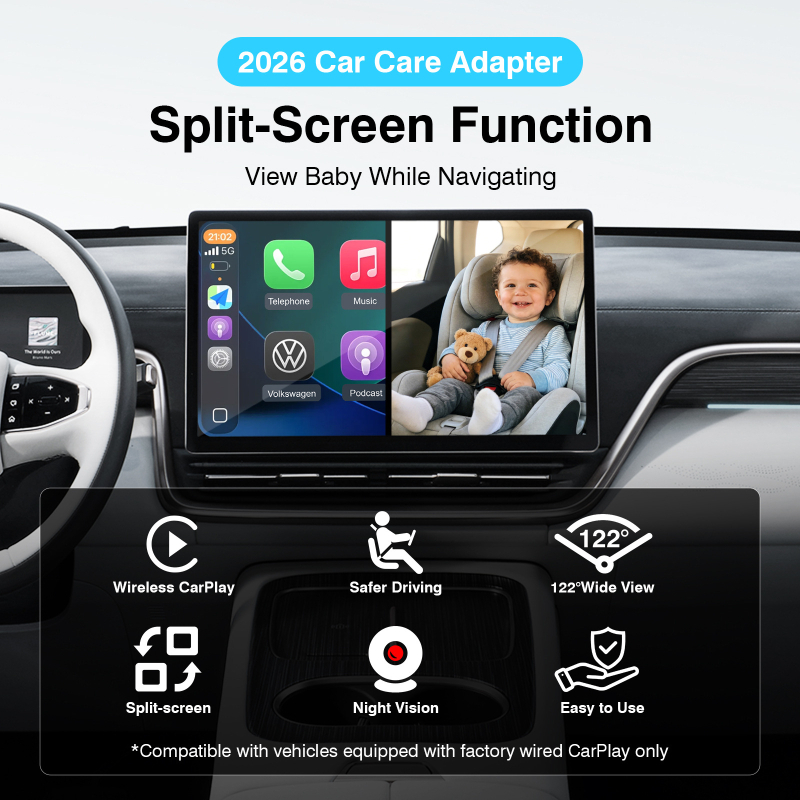 Cameră de monitorizare a bebelușului montată în mașină, cu CarPlay și proiecție pe ecran