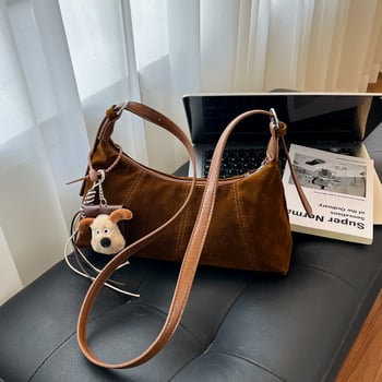 Geantă crossbody vintage din piele ceruită, formă de semilună, capacitate mare, texturată pentru femei, toamnă 2025