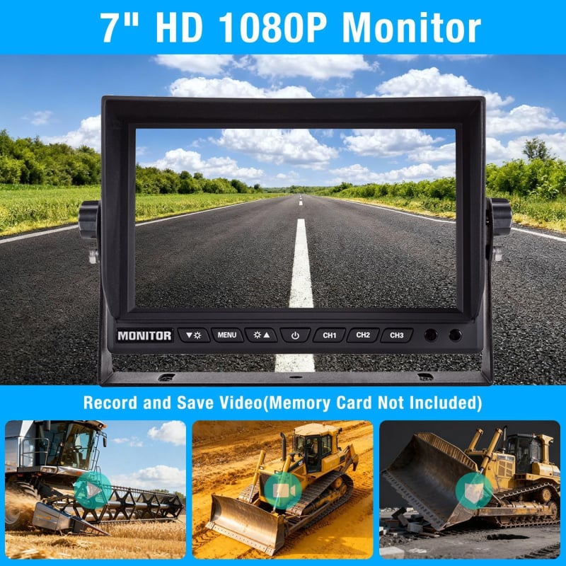 Monitor AHD de 7 inch pentru recul, monitorizare video HD pe 3 canale în unghi mort, PAL/NTSC sistem TV auto
