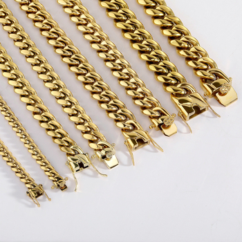 Lant cubanez din oțel titan, 8–14 mm, placat cu aur de 24K, stil hip-hop, unisex, lungime 41–50 cm