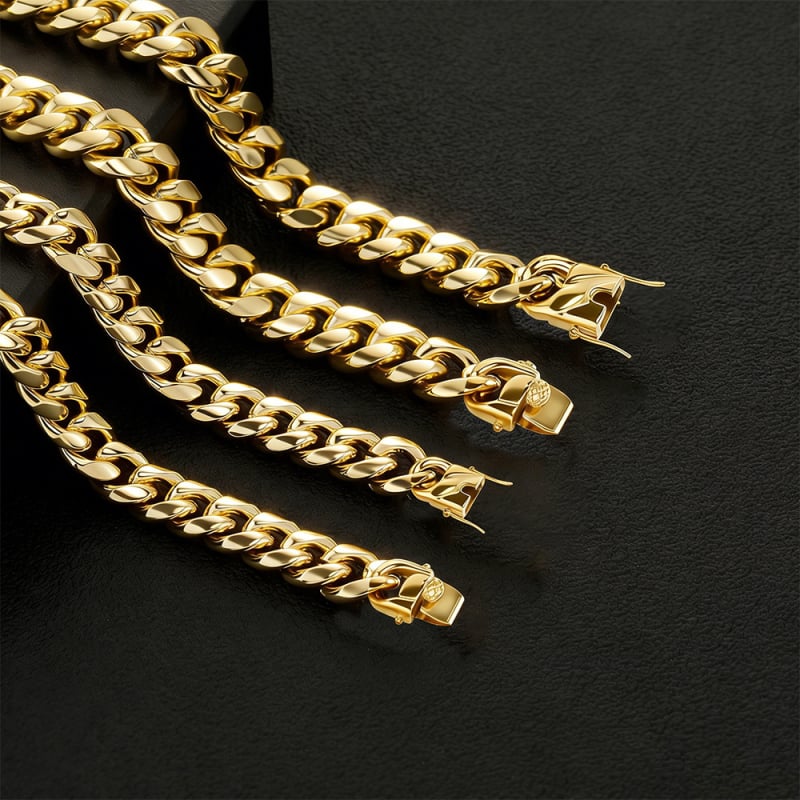 Lant cubanez din oțel titan, 8–14 mm, placat cu aur de 24K, stil hip-hop, unisex, lungime 41–50 cm