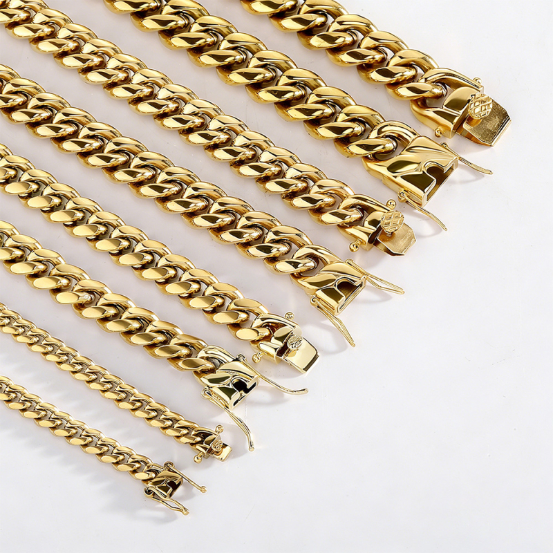 Lant cubanez din oțel titan, 8–14 mm, placat cu aur de 24K, stil hip-hop, unisex, lungime 41–50 cm