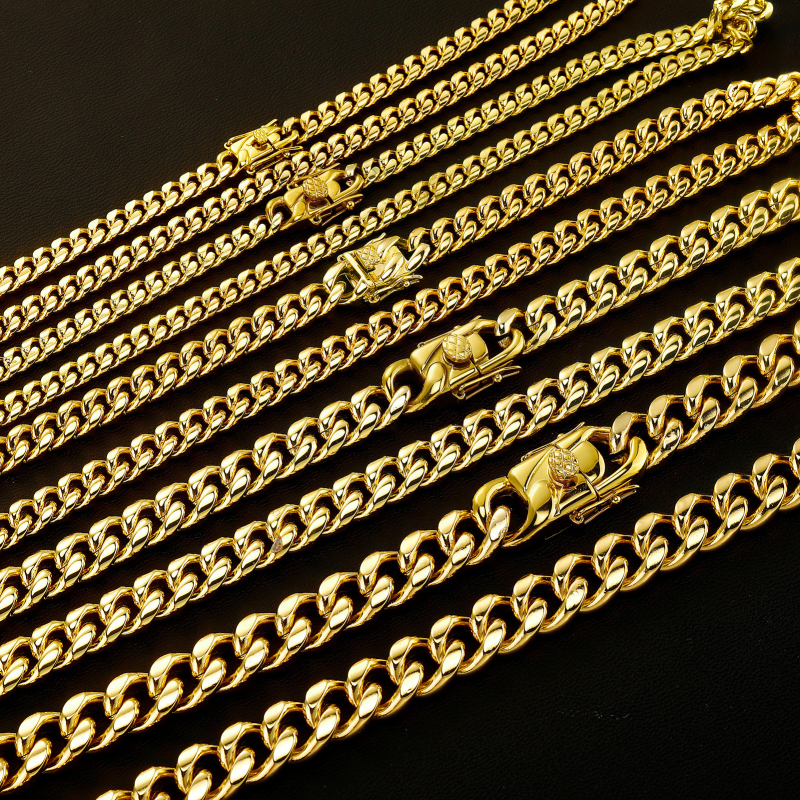 Lant cubanez din oțel titan, 8–14 mm, placat cu aur de 24K, stil hip-hop, unisex, lungime 41–50 cm