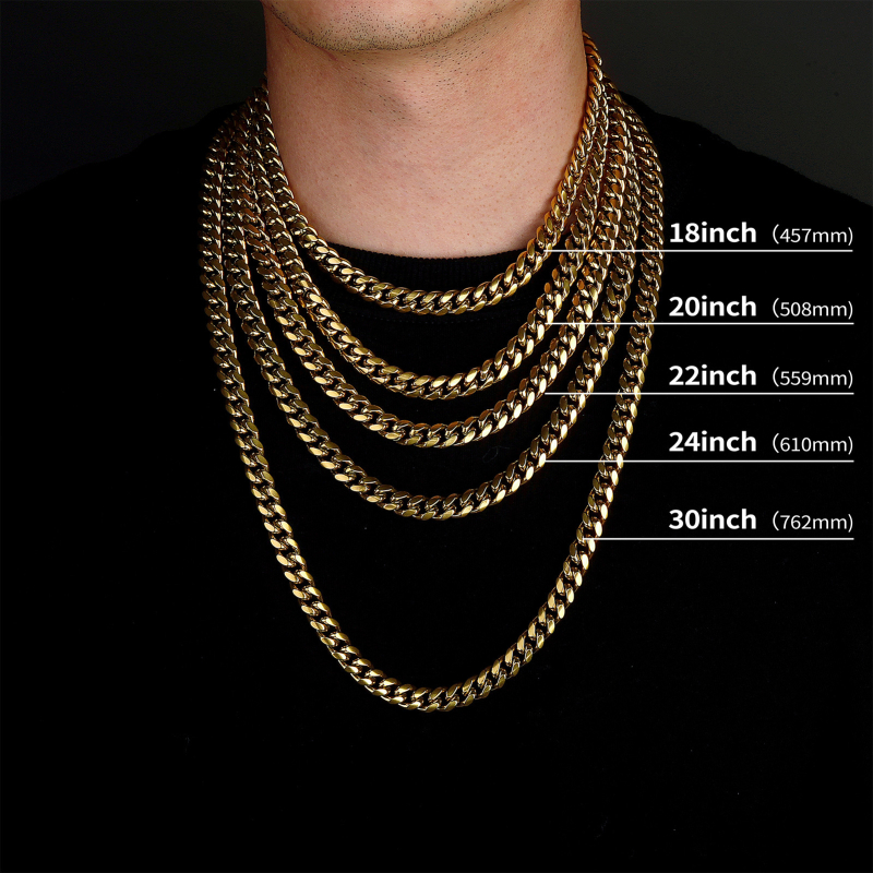Lant cubanez din oțel titan, 8–14 mm, placat cu aur de 24K, stil hip-hop, unisex, lungime 41–50 cm