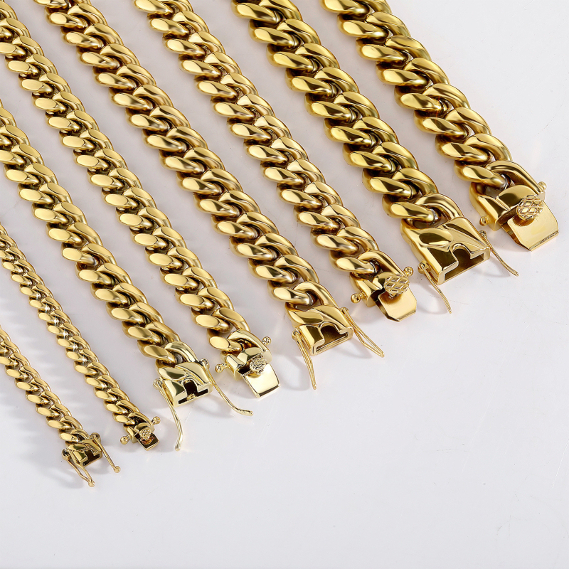 Lant cubanez din oțel titan, 8–14 mm, placat cu aur de 24K, stil hip-hop, unisex, lungime 41–50 cm