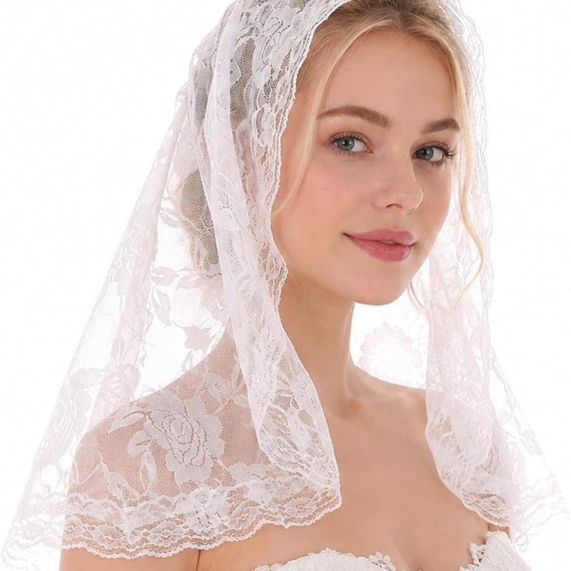 Voal de mireasă din dantelă cu model perforat, eșarfă scurtă pentru cap în stil Aladin, eșarfă de mătase
