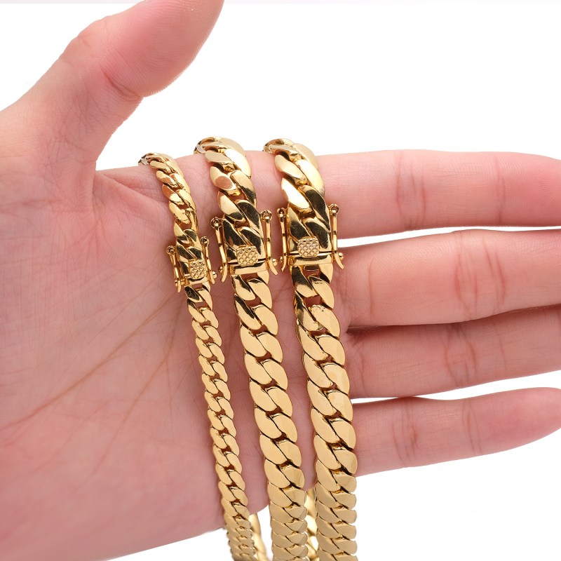 Lanț Cuban din alamă placat cu aur 18K pentru bărbați, lanț scurt pentru claviculă, unisex, stil european și american, JMTB, lungime 51–80 cm, lățime 6/8.8/9.6 mm