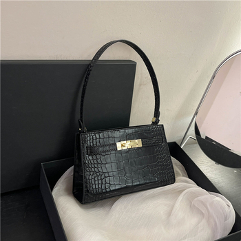 Geantă mică pătrată din PU cu aspect croco, stil Mini Kelly, curea de umăr cu cataramă, pentru femei