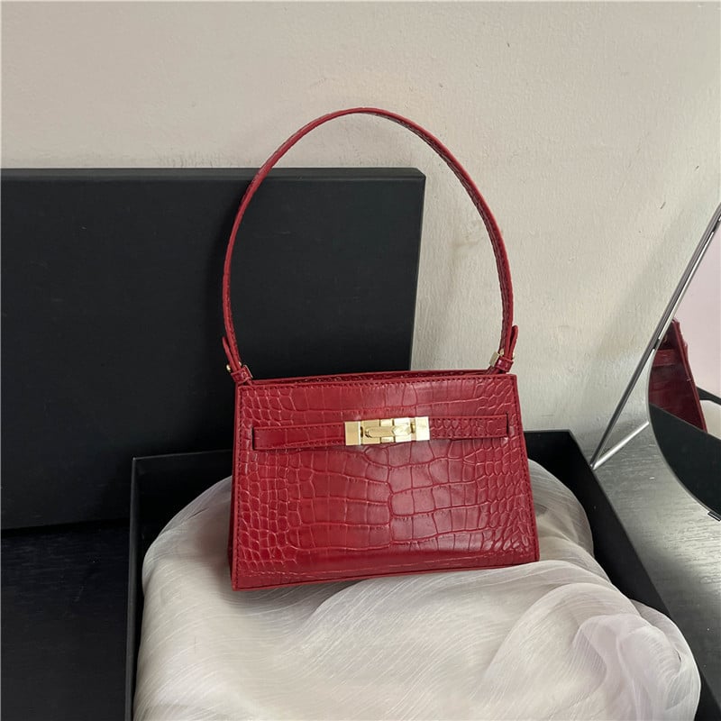 Geantă mică pătrată din PU cu aspect croco, stil Mini Kelly, curea de umăr cu cataramă, pentru femei