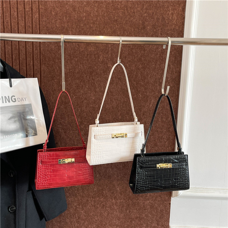 Geantă mică pătrată din PU cu aspect croco, stil Mini Kelly, curea de umăr cu cataramă, pentru femei
