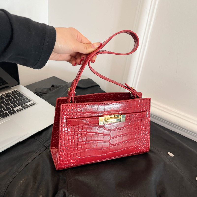 Geantă mică pătrată din PU cu aspect croco, stil Mini Kelly, curea de umăr cu cataramă, pentru femei