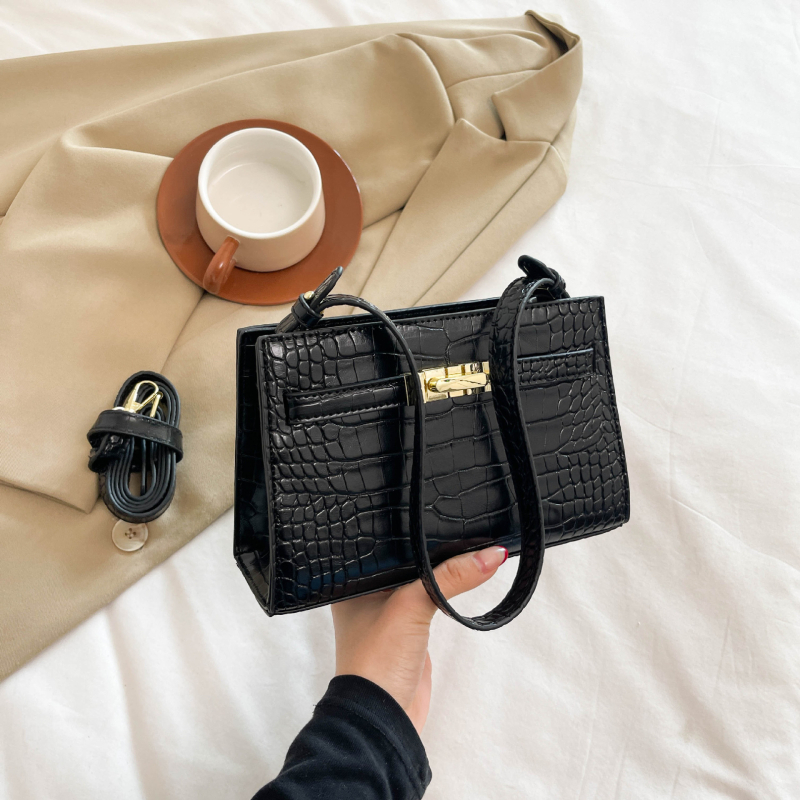 Geantă mică pătrată din PU cu aspect croco, stil Mini Kelly, curea de umăr cu cataramă, pentru femei