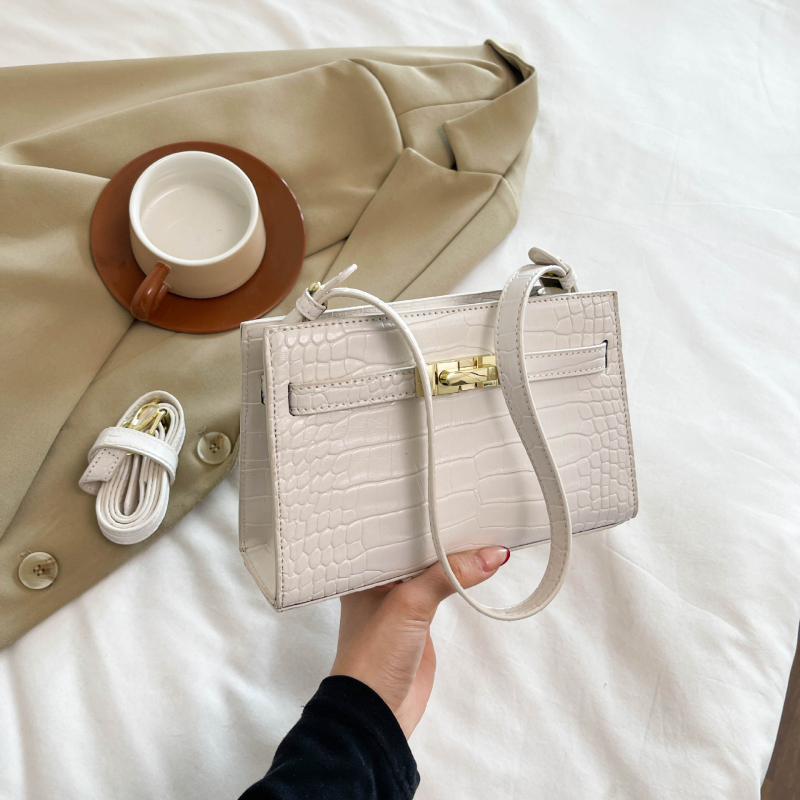 Geantă mică pătrată din PU cu aspect croco, stil Mini Kelly, curea de umăr cu cataramă, pentru femei